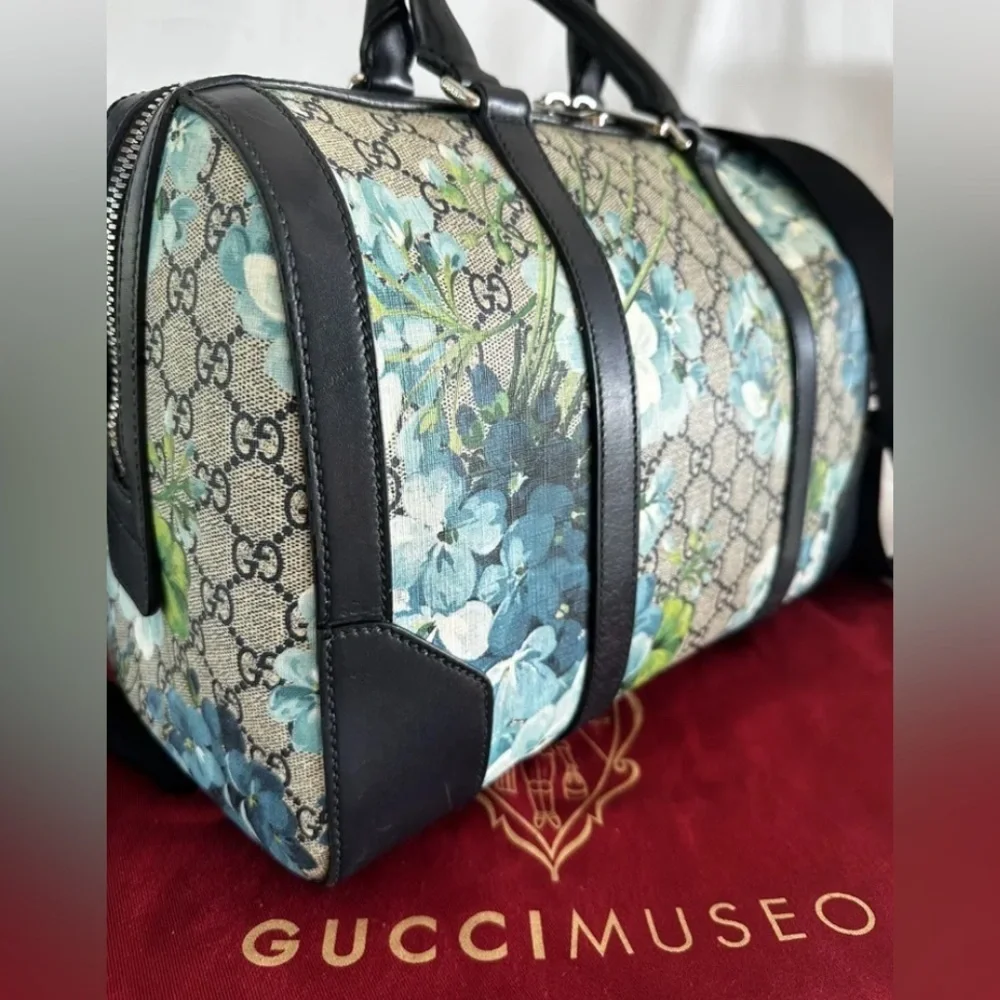 Gucci RARE! Supreme GG Large Signature Blue Blooms on Monogram Boston Satchel